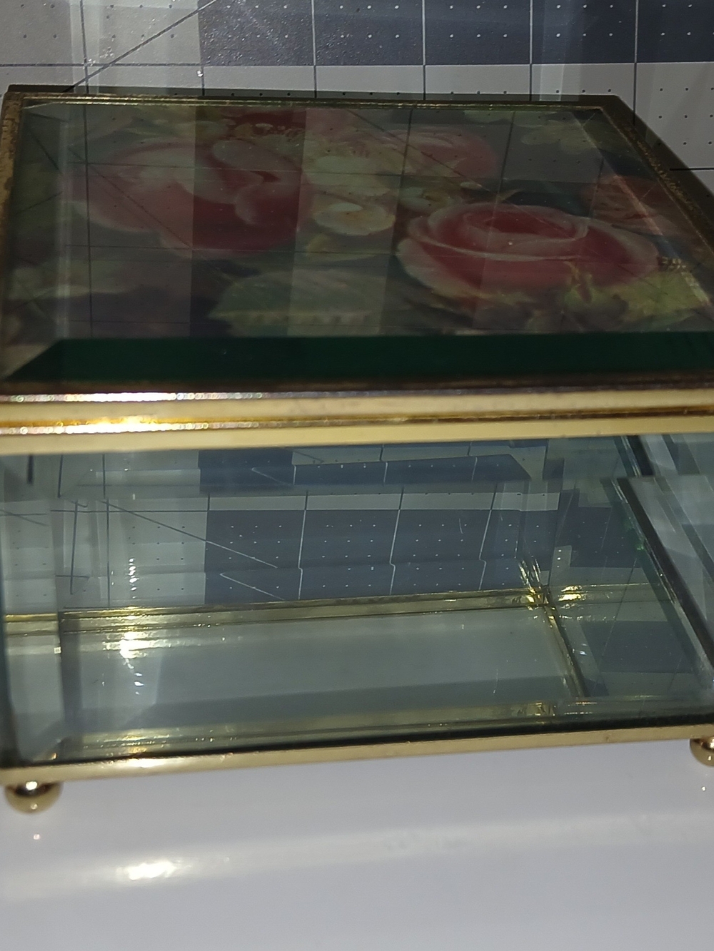 Glass Jewelry Display Box with Gold Trim - Rose Motif